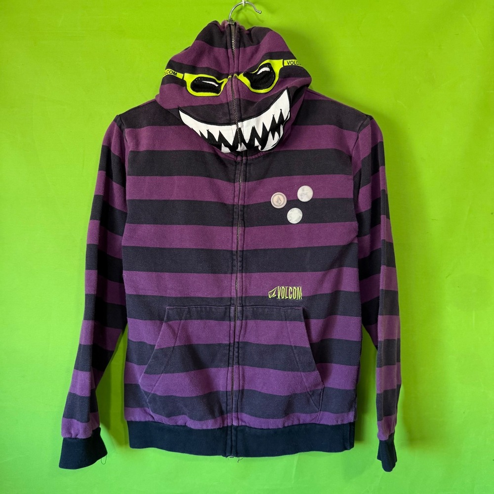 Volcom Monster Face Full Zip Hoodie Purple Black Striped YOUTH Medium Y2K Skate
